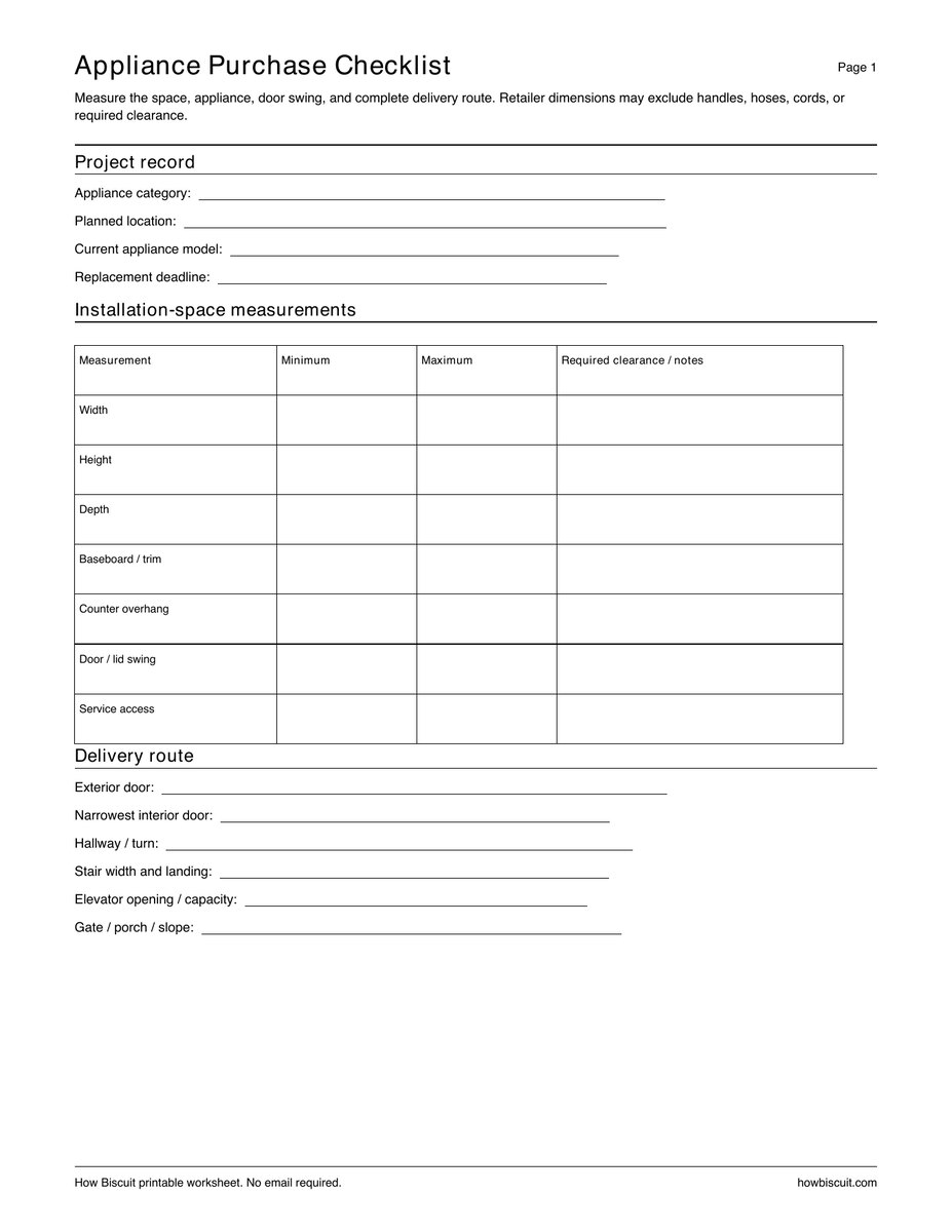 First page preview of the Appliance Purchase and Delivery Checklist printable PDF