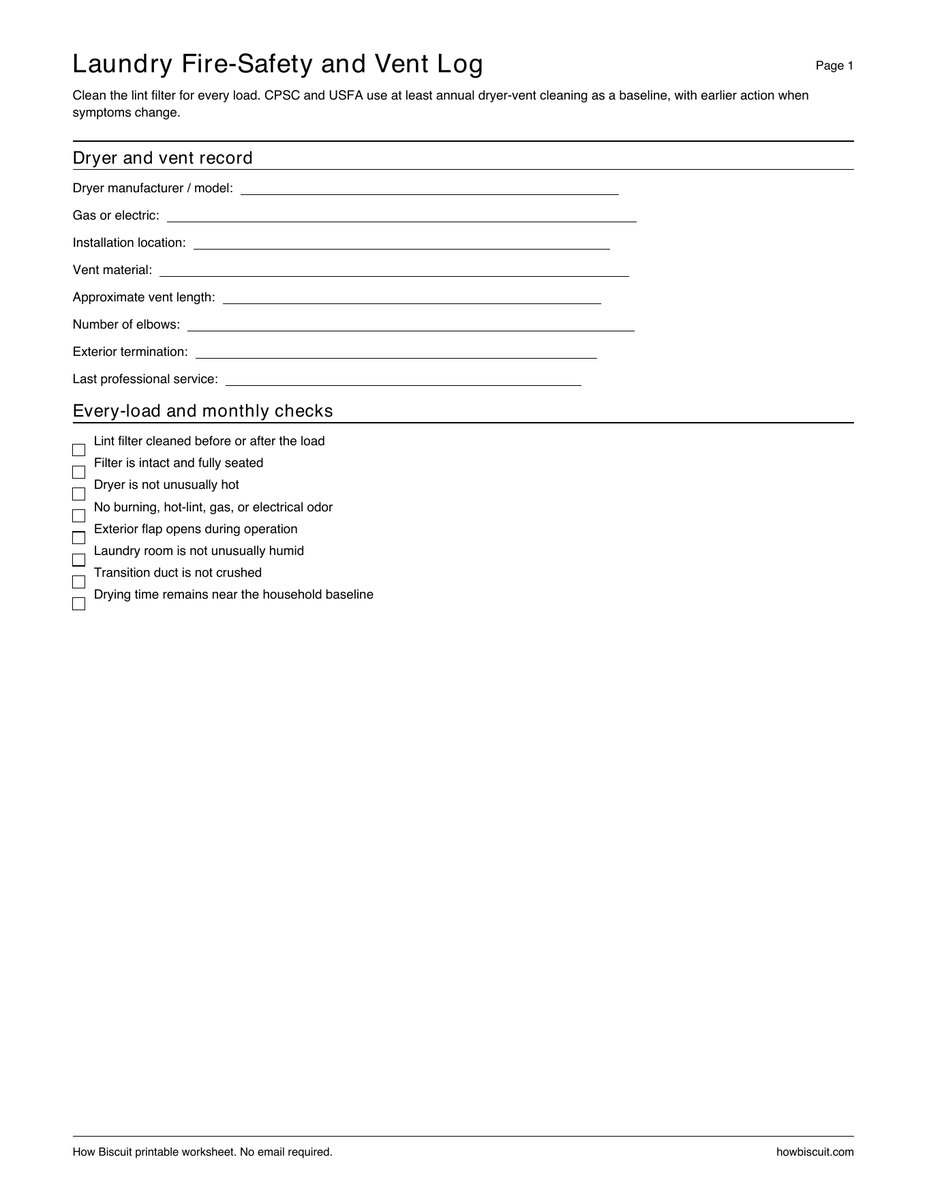 First page preview of the Laundry Fire-Safety and Vent Log printable PDF