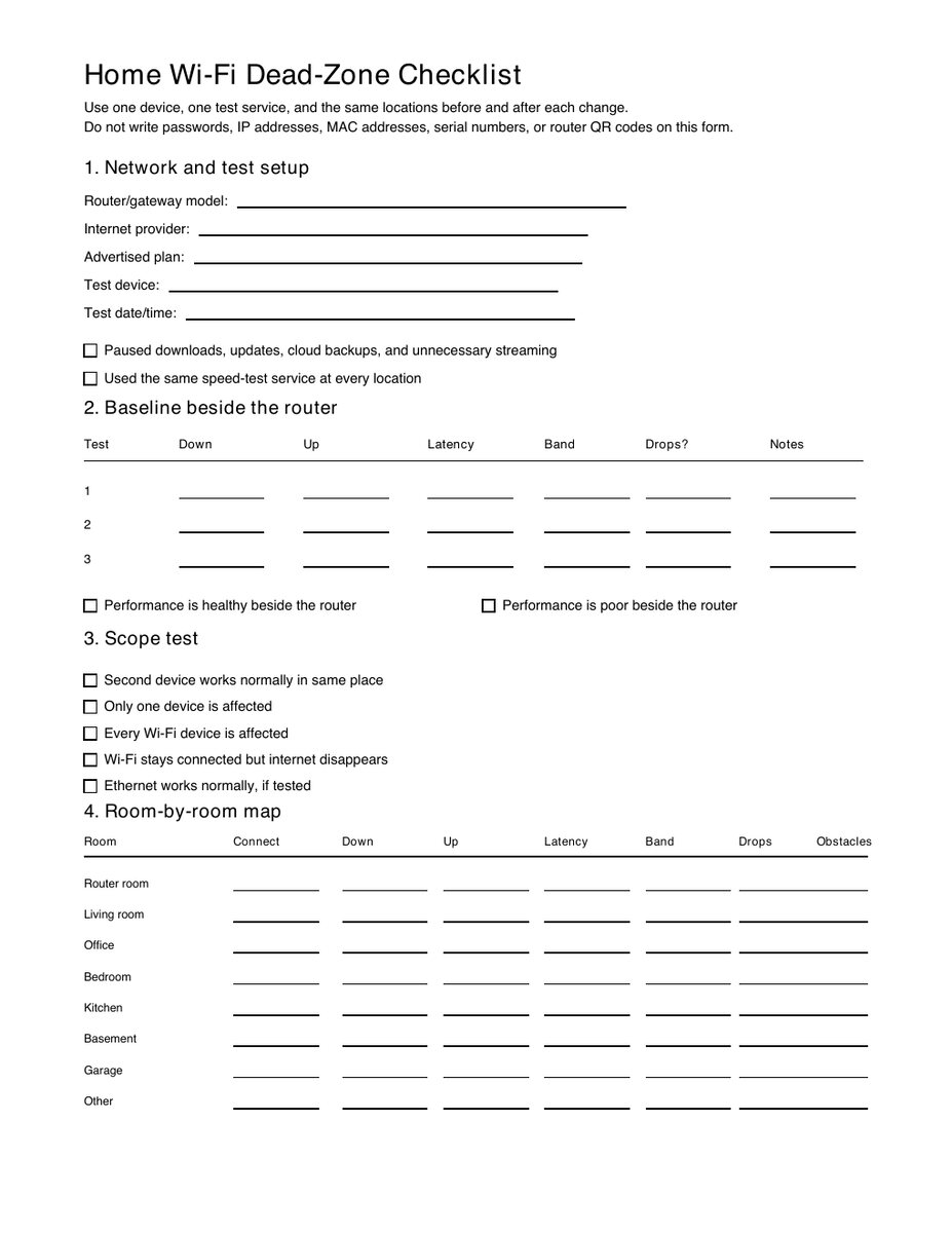 Preview of page one of the printable Home Wi-Fi Dead-Zone Checklist