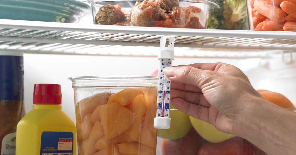 A hand reading a real appliance thermometer inside a refrigerator