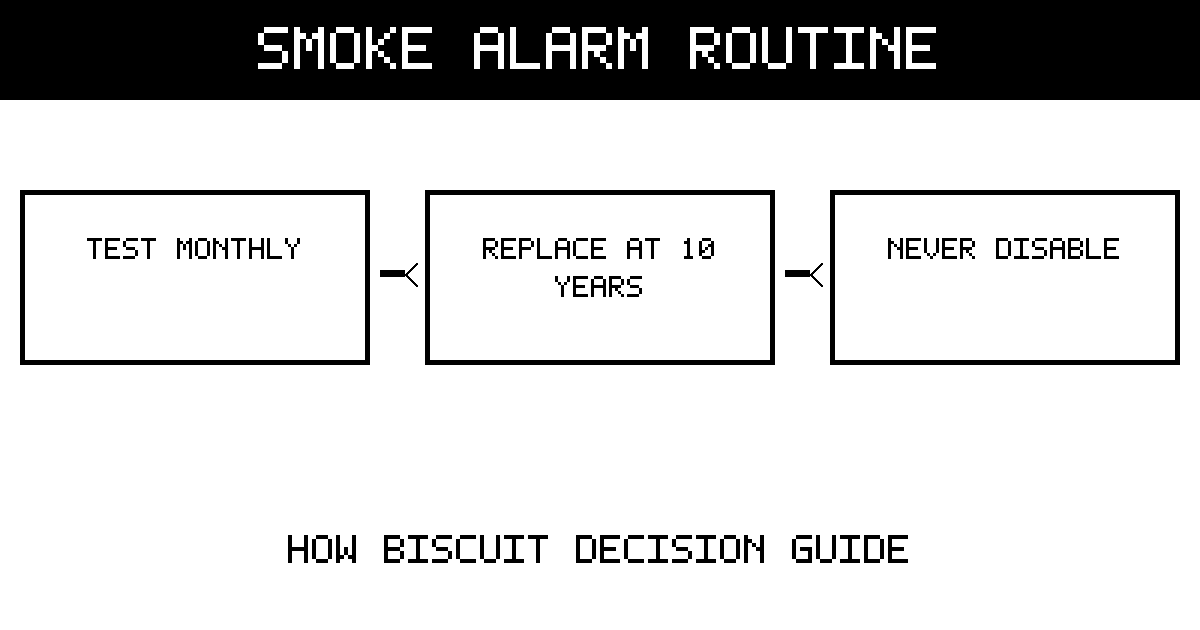 Smoke-alarm maintenance diagram showing monthly testing, replacement at ten years, and the rule never to disable an alarm.