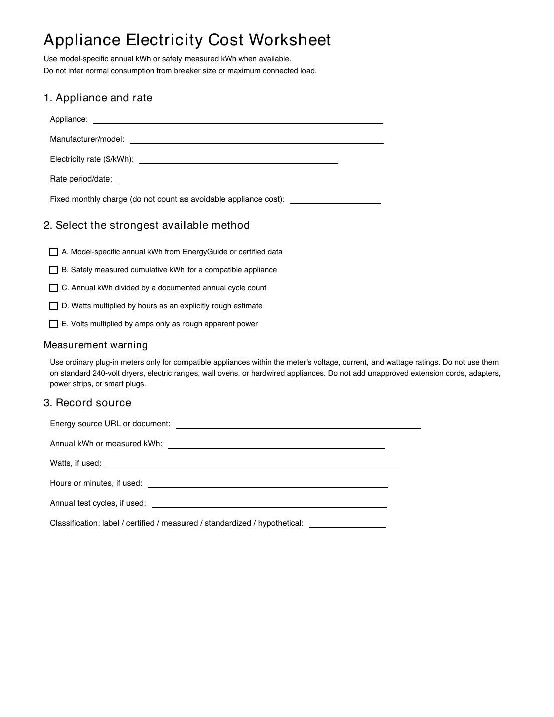 Preview of page one of the printable Appliance Electricity Cost Worksheet