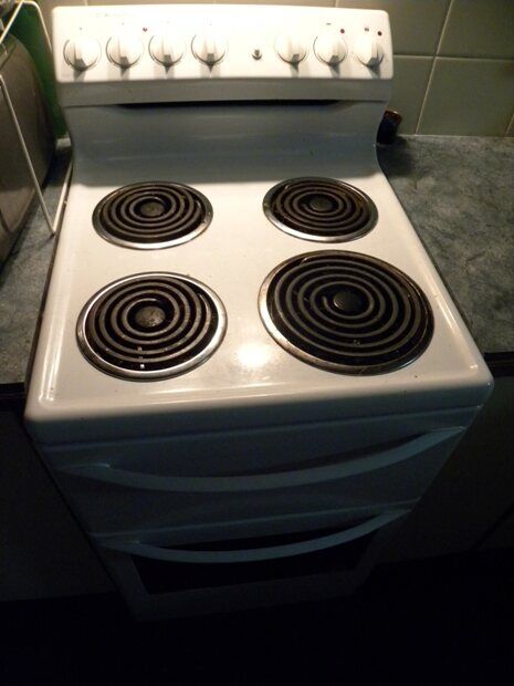 A real freestanding electric range with four coil elements and an oven