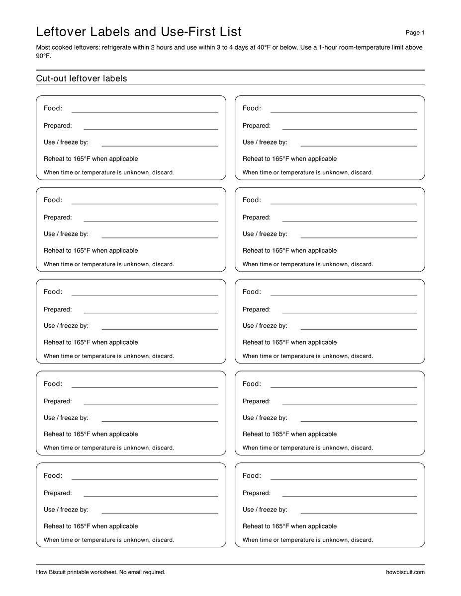 First page preview of the Leftover Labels and Refrigerator Use-First List printable PDF