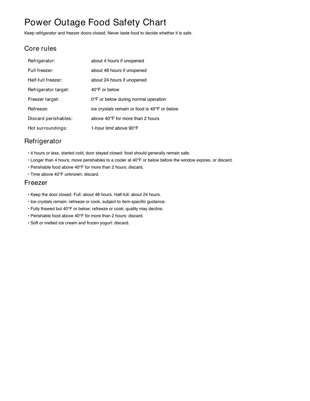Preview of page one of the printable Power Outage Food Safety Chart
