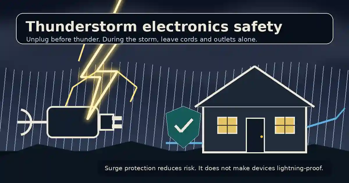 A house, plug, shield, and lightning bolt illustrating safe electronics precautions during a thunderstorm