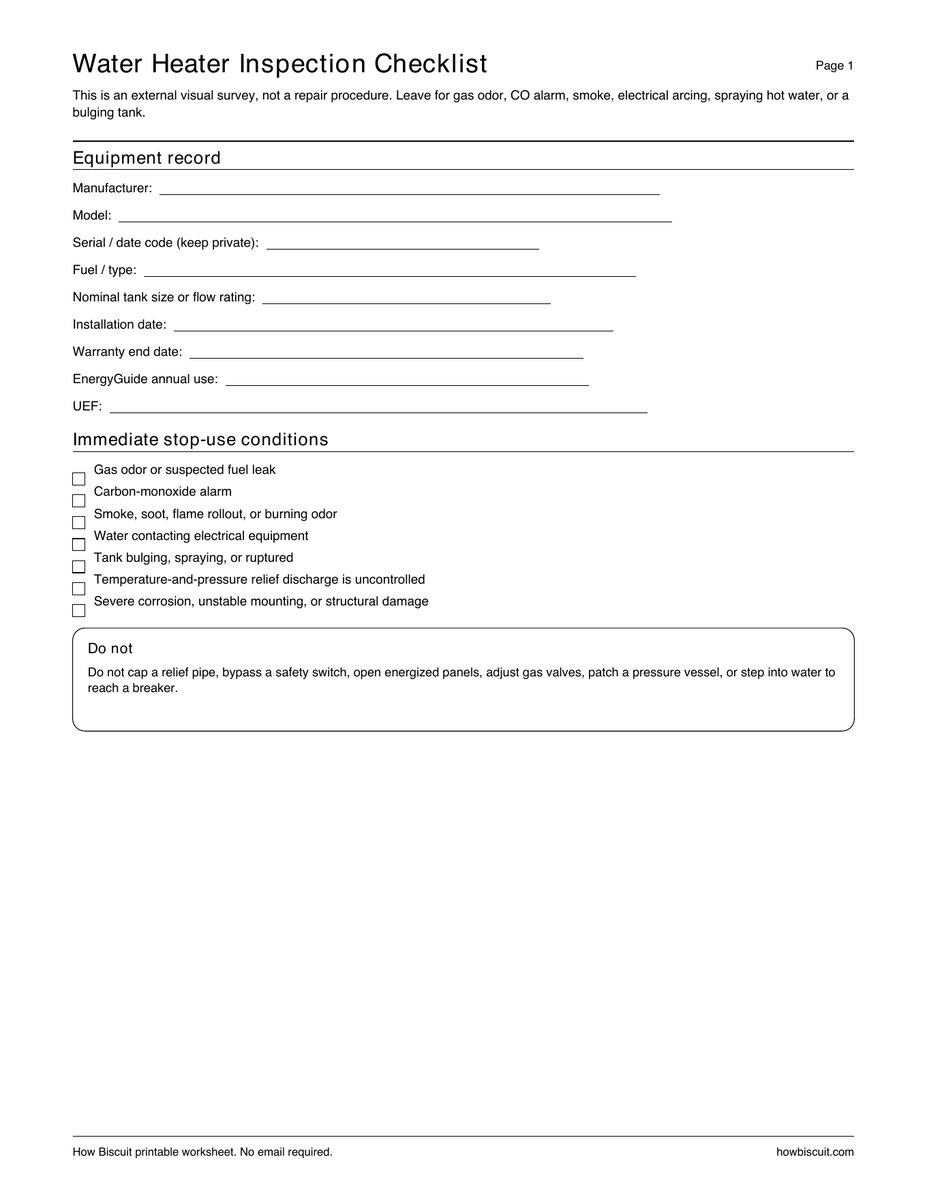 First page preview of the Water Heater Inspection and Replacement Checklist printable PDF
