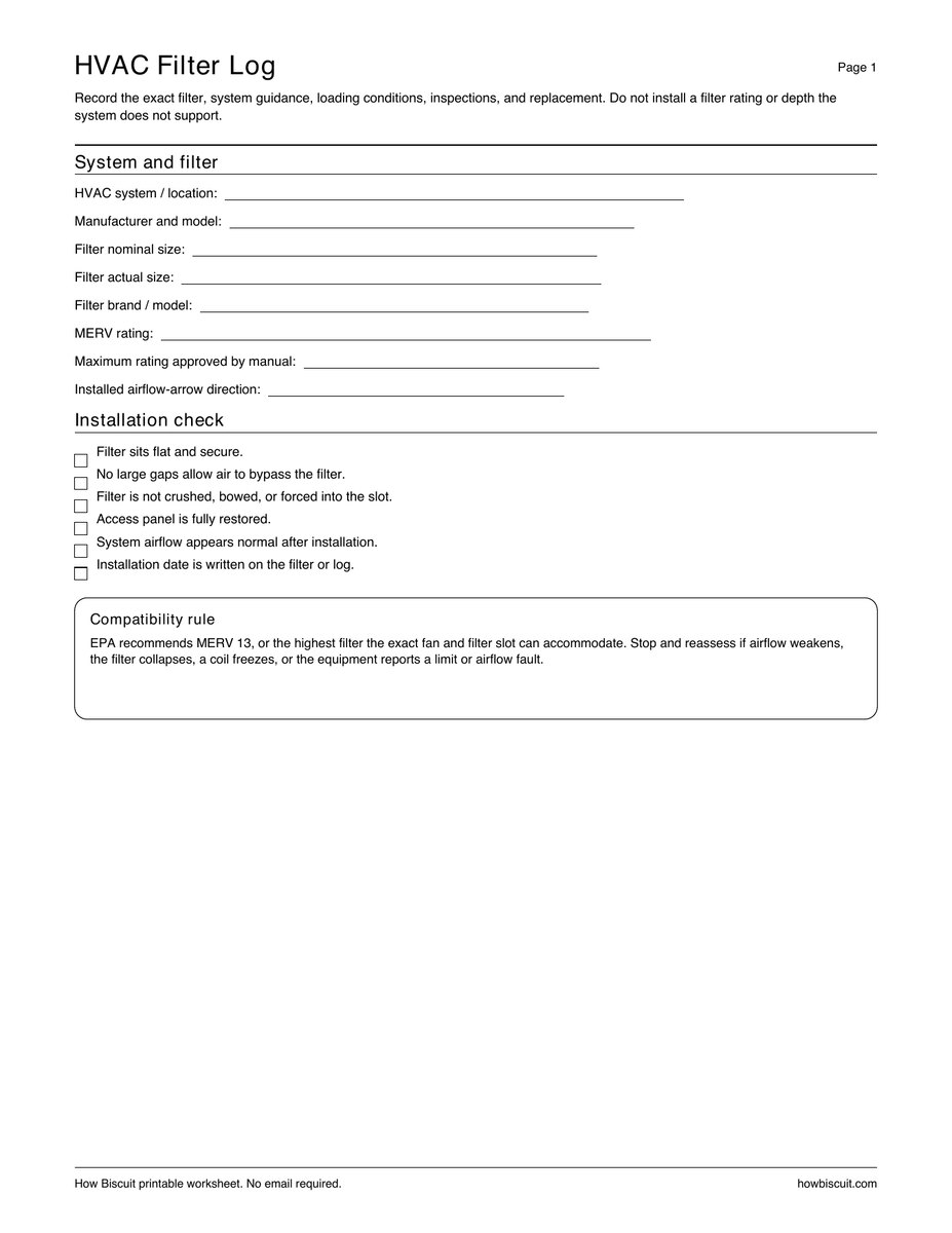 First page preview of the HVAC Filter Log printable PDF