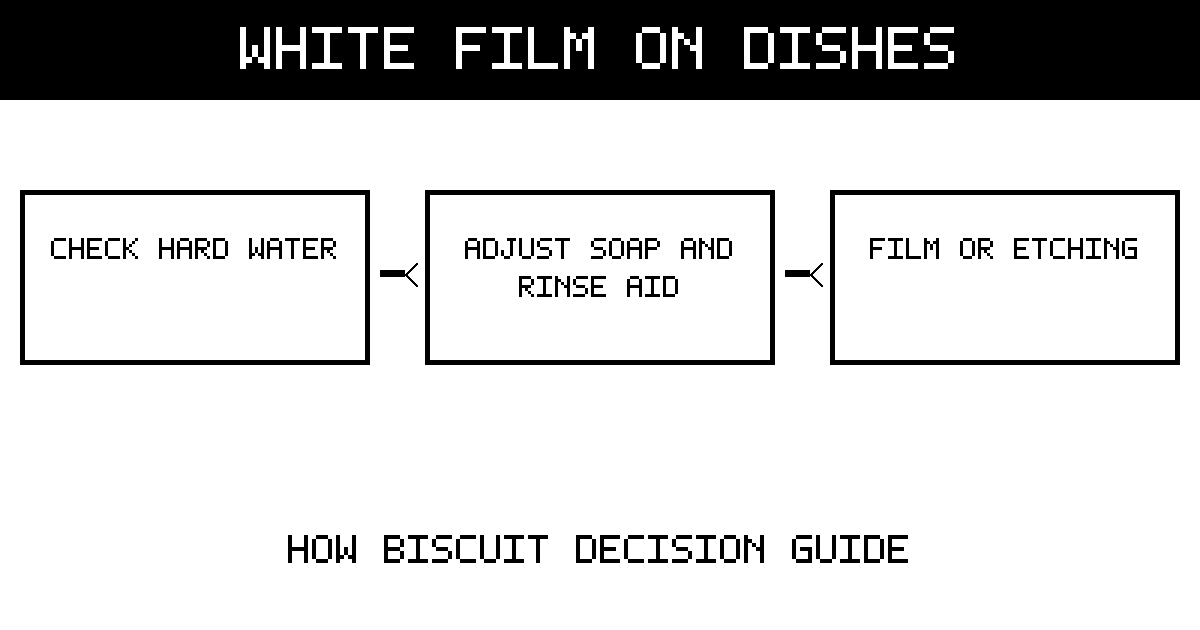 Dishwasher-film diagram: check for hard water, adjust detergent and rinse aid, and distinguish removable film from permanent etching.