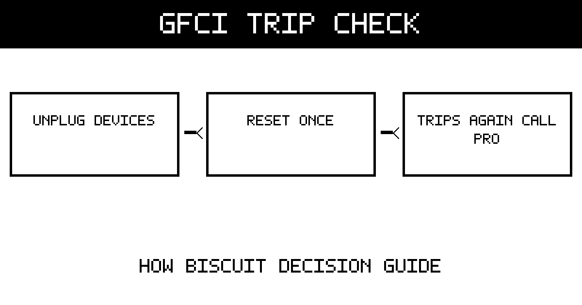 Three-step GFCI troubleshooting diagram: unplug devices, reset once, and call a professional if it trips again.