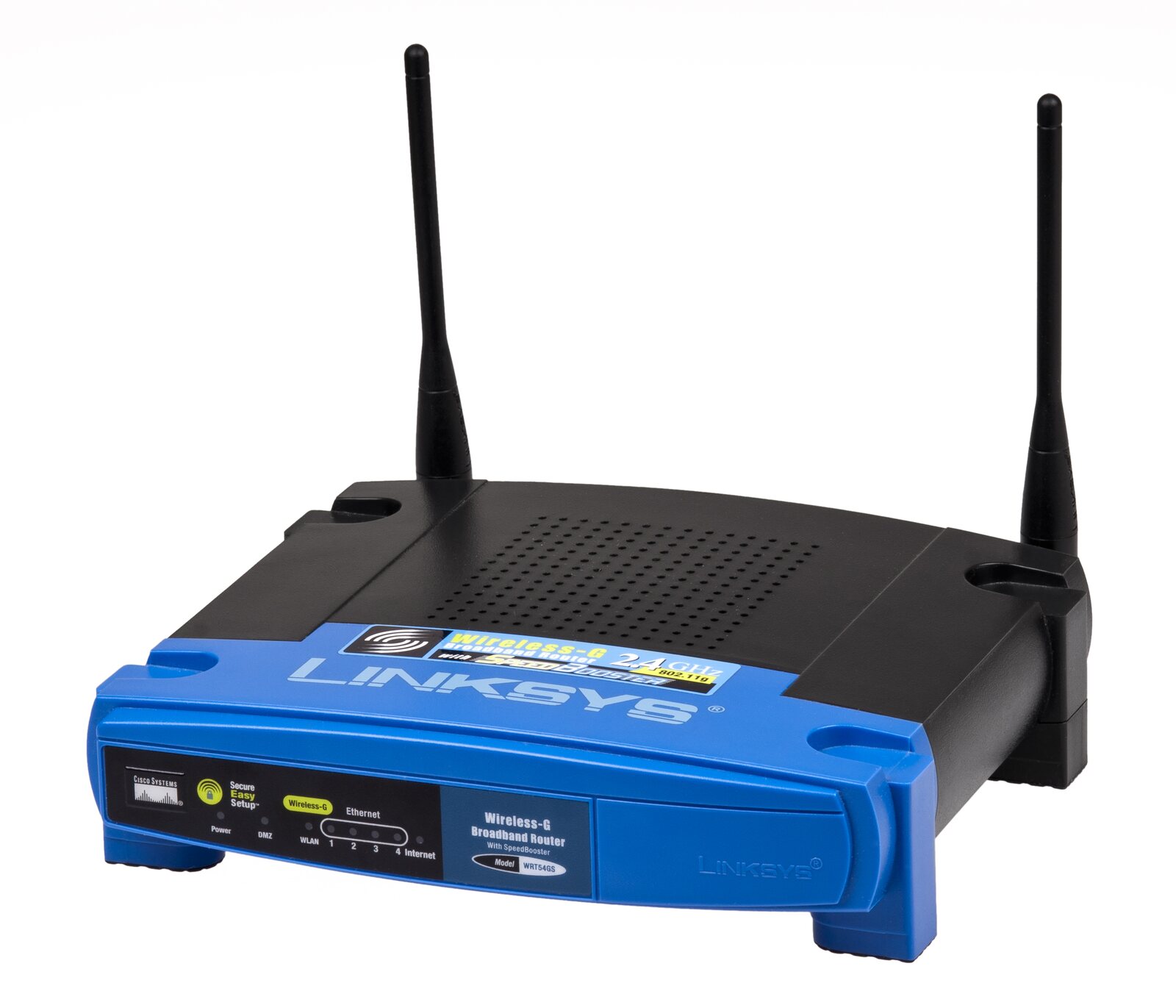 An older wireless router with its power and network status lights visible