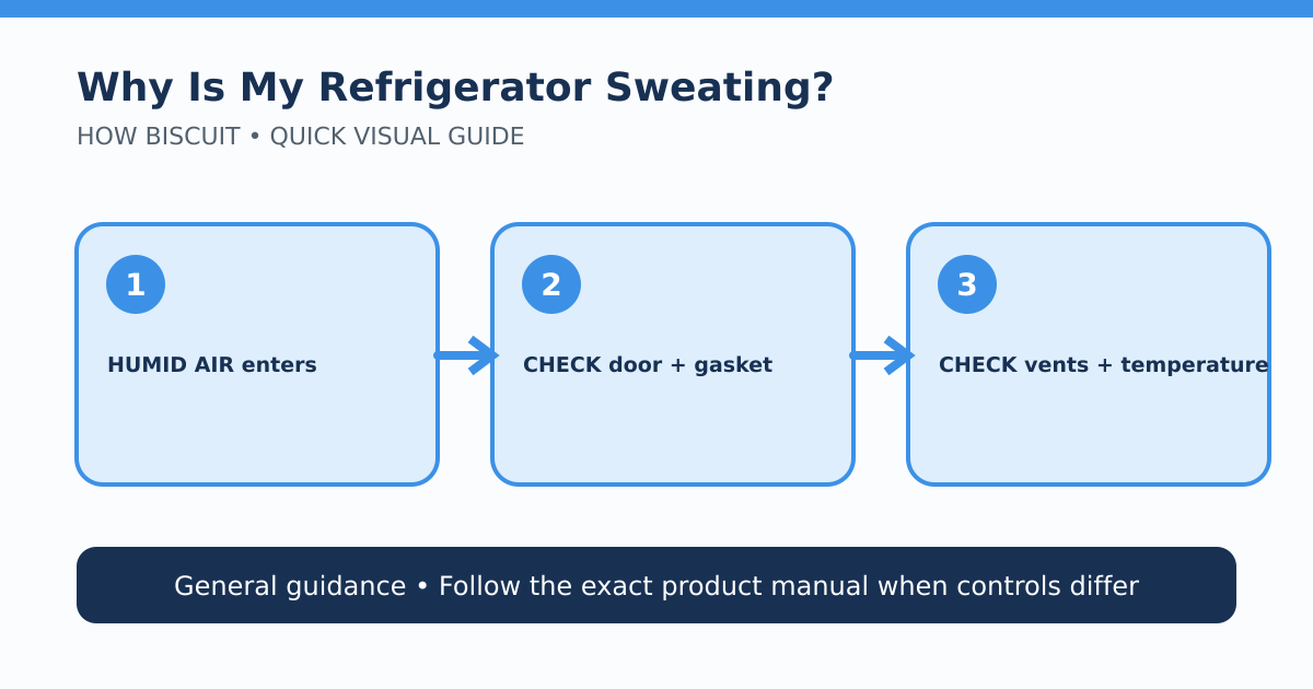 Refrigerator condensation diagram showing humidity, door seal, airflow, and temperature checks